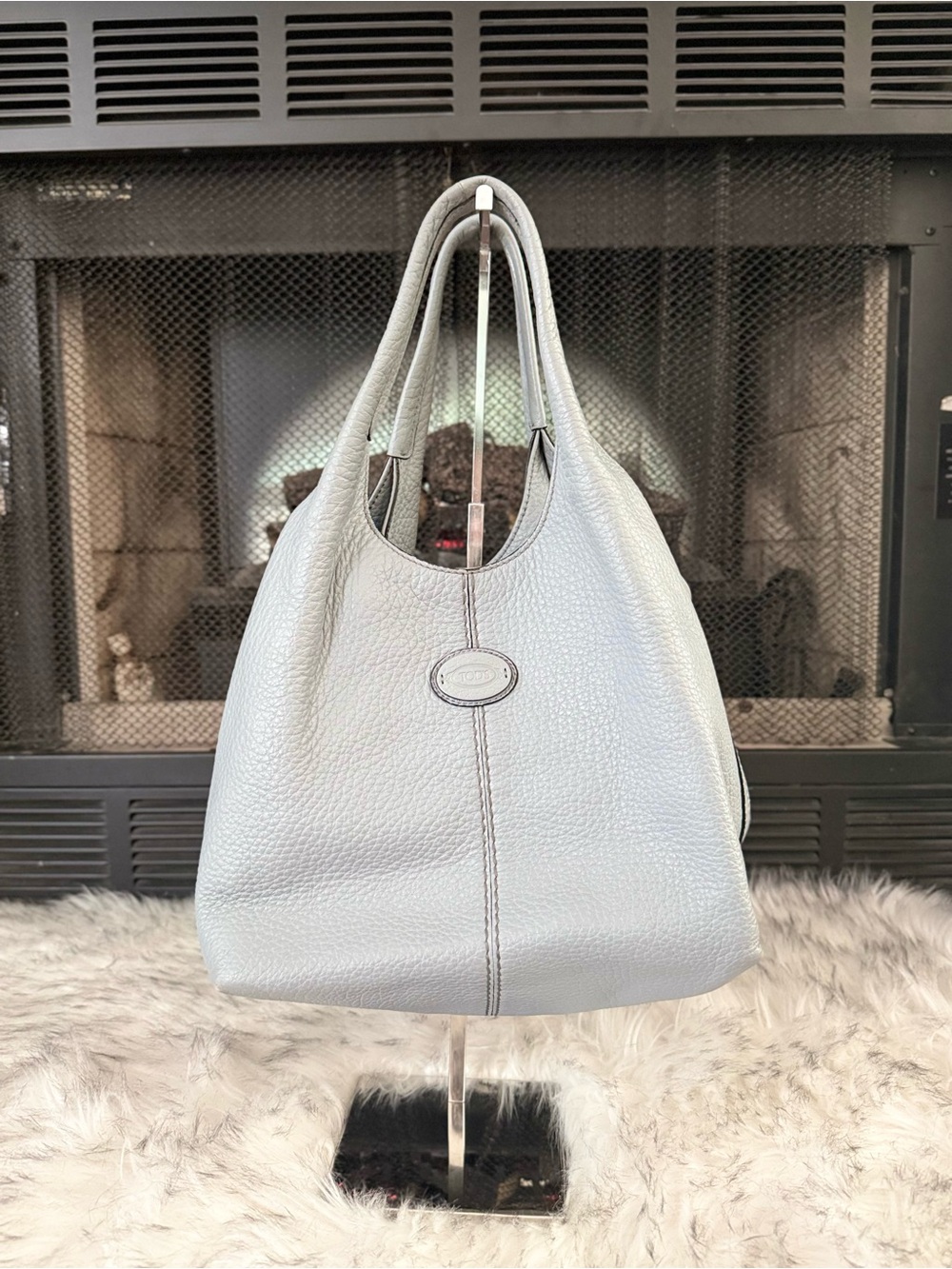 AUTH Tod's Light Gray/Light Blue Pebbled Leather Bag